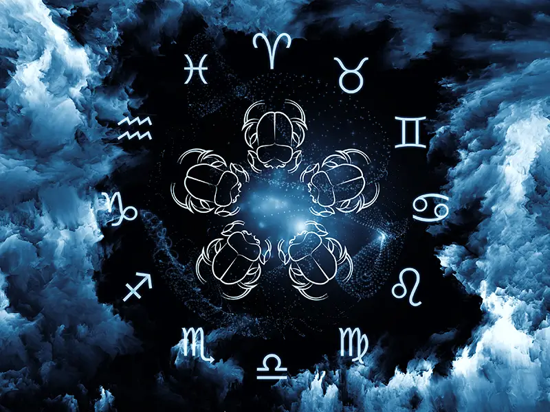 blue astrology symbols arranged in circle with winged angel like creatures in centre, all on blue and black storm like background