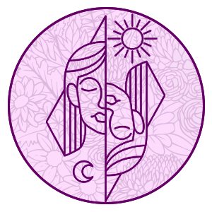 gemini twins symbol on a purple filligree background representing gemini horoscope