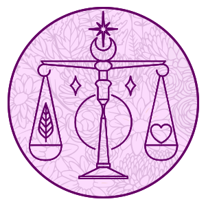 libra as the balance scales symbol on a purple filligree background representing libra horoscope