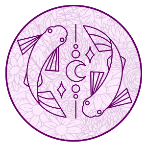 pisces the fish symbol on a purple filligree background representing pisces horoscope
