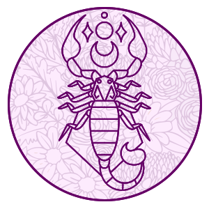 scorpio the scorpion symbol on a purple filligree background representing scorpio horoscope