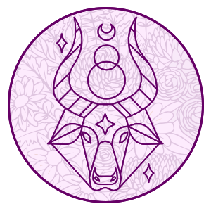 taurus the bull symbol on a purple filligree background representing taurus horoscope