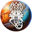 a white scorpion on a bright orange and blue planet pluto representing the ruling planet of Scorpio