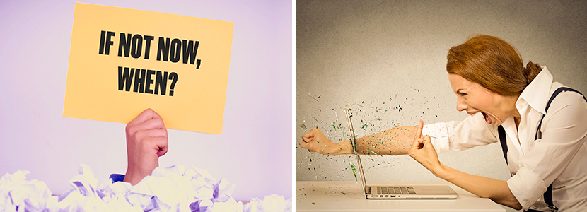 it not now when sign held up by a hand surrounded by crumpled papers and woman angry at computer