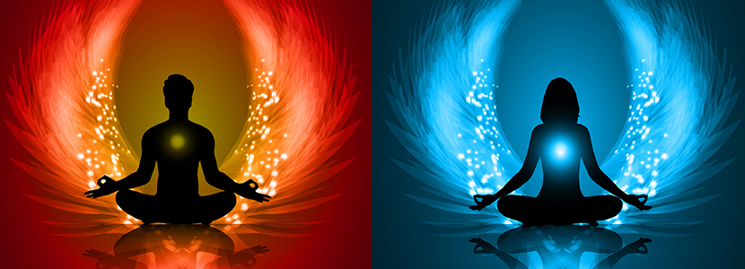 man and woman silhouette meditating surrounded by fire and water element in red and blue
