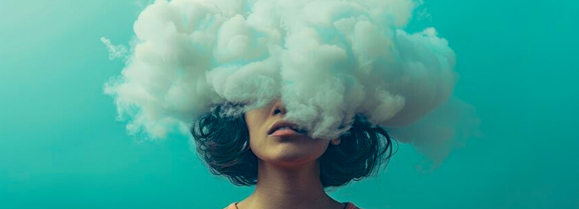 a woman with short brown curly hair with her head in the clouds on a blue background