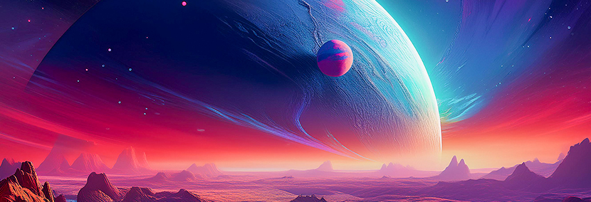 the planet mercury in bright purple and blue colors over mountains of dry landscape representing mercury retrograde