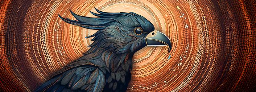 a black cockatoo on an australian indigenous background of round circles in brown, orange and red colors