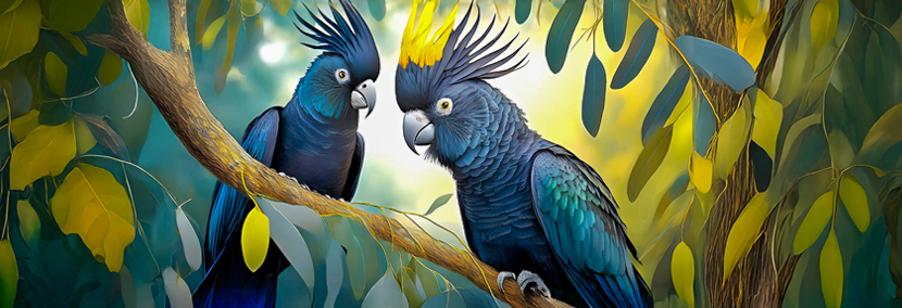 2 australian black cockatoos with glossy wings surrounded by trees with yellow and green leaves