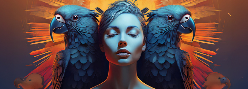 a surreal image of a woman with 2 black cockatoos perched on her shoulders