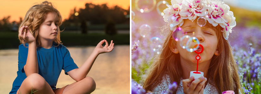 a child meditating in the park and another child with flowers in her hair blowing bubbles representing inner child