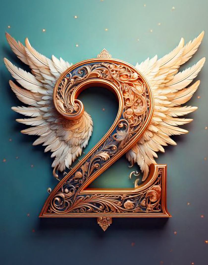 a gold embossed number 2 surrounded by angel wings