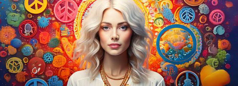 a blonde woman surround by peace symbols representing number 2s
