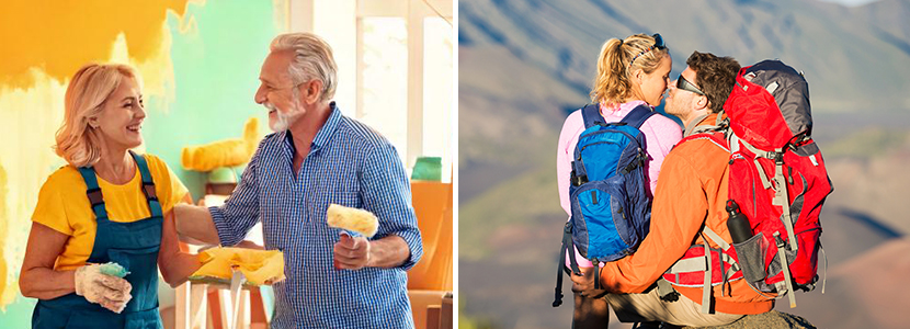 a mature man and woman painting a room together and a couple hiking kissing atop a mountain