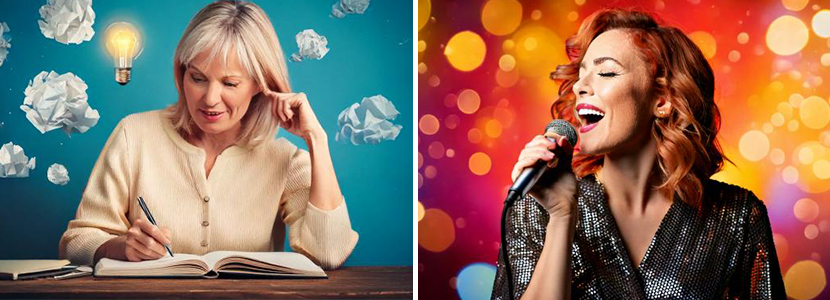 a woman writing a novel surrounded by scrunched up paper and a woman on a sparkly background singing in microphone