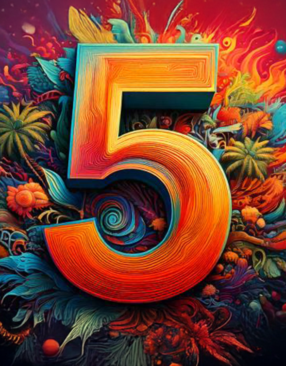 a bold orange number 5 on a beautiful blue, orange and red flora background
