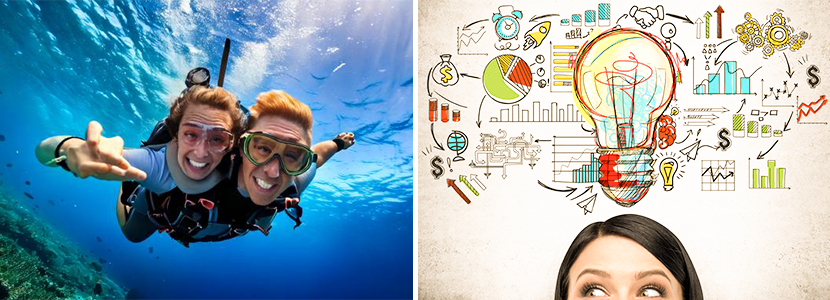 a couple snorkeling under the blue sea and a woman's ideas brimming with ideas looking up to a lightbulb