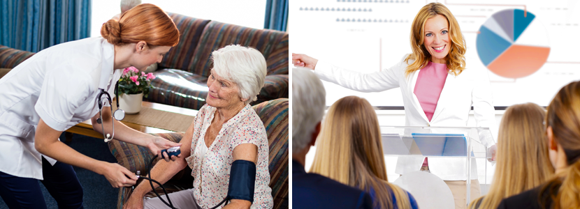 a nurse giving care to an elderly person and a successful businesswoman doing a presentation on a whiteboard