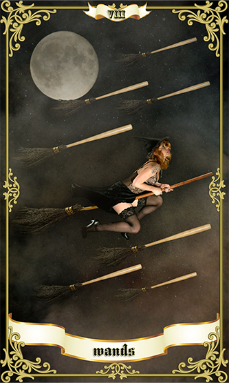 a woman wearing a witch hat flying in the night sky on a broom with 8 comets flying by representing 8 of wands