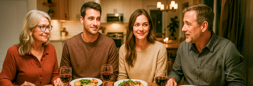 Smiling couple sharing a family dinner with their in-laws, enjoying warm conversation and connection at the table.
