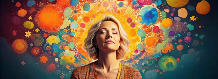 a woman with closed eyes surrounded by bright surreal colors in search of truth