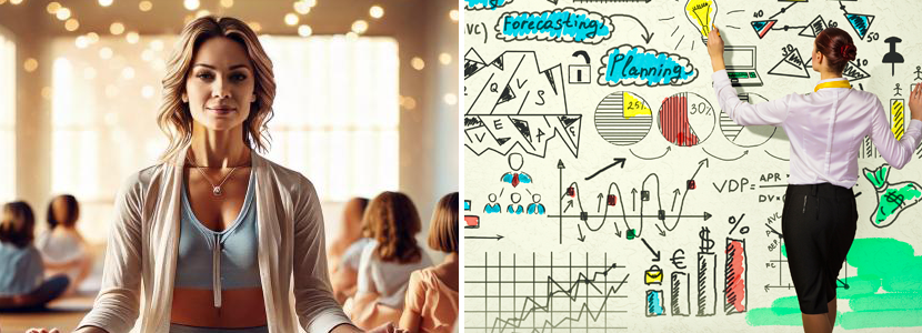 a meditation teacher surrounded by students and a business analyst drawing a diagram on a board representing number 7s in numerology