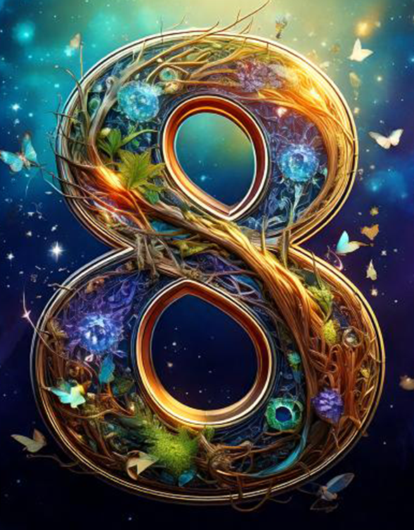 a beautiful number 8 surrounded by magical gold and butterflies on a blue background
