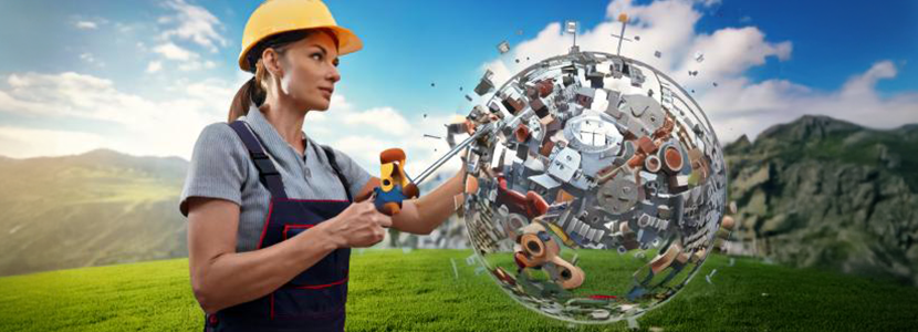 a woman wearing a hard hat with tools in hand trying to fix the world