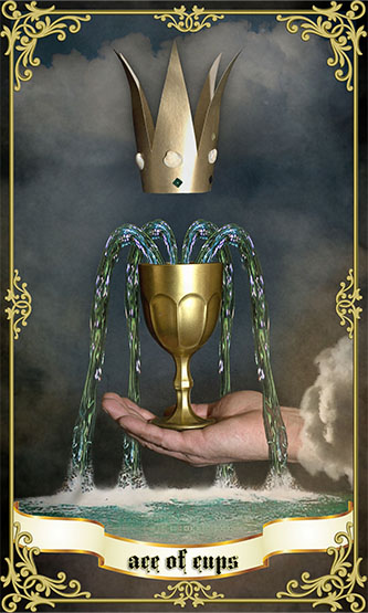 water billowing out of a golden goblet with a crown above