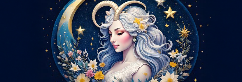 Capricorn Horoscope 2025 a silver haired woman with goat horns on a starry flowered sky representing capricorn star sign
