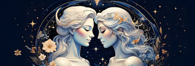 Gemini Horoscope 2025 concept of surreal gemini women twins looking towards each other among a starry sky
