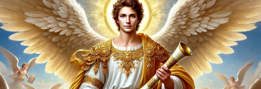 guardian angel gabriel with short brown curly hair and blue eyes holding a golden scroll