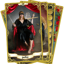 a woman judge blind folded sitting on a gold throne surrounded by silks representing Justice tarot