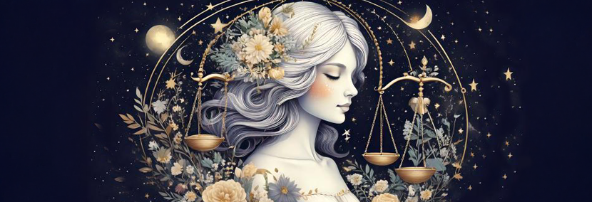 an art drawing of a woman on a star and moon background and the scales of justice representing libra starsign
