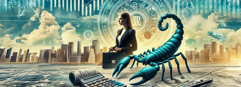 a woman in a suit holding a briefcase surrounded by symbols of the scorpio starsign