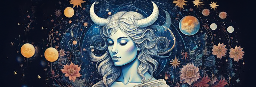 concept of taurus woman with long hair and bull horns surrounded by moon and stars in a Taurus horoscope 2025 wheel in a navy night sky