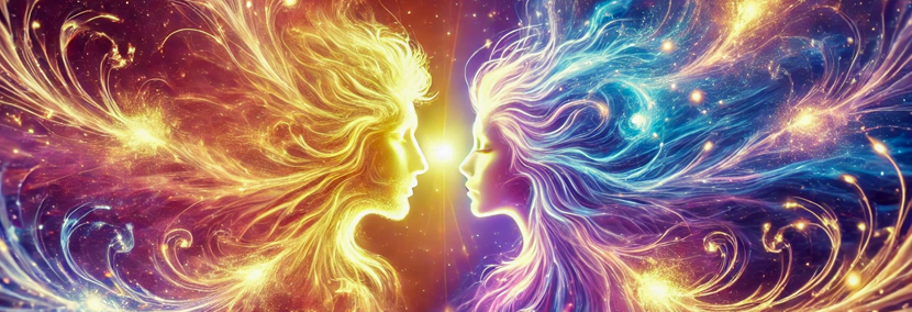 a surreal image of a male and female soul on a celestial background representing soulmates