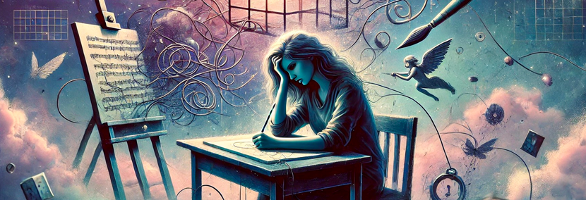 a woman hunched over a table with hand on head suffering creative block