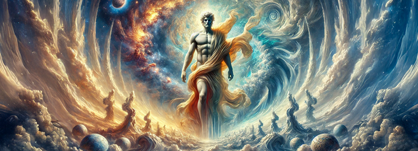 surreal image of Uranus the God in the heavens one side depicting chaos, the other rebellion