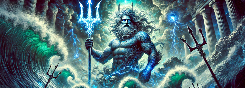 God Neptune also known as Poseidon holding a trident surrounded by swirling seas