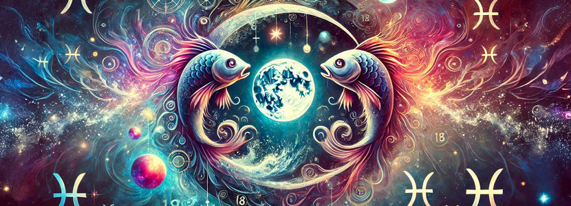 a surreal image of a 2 beautiful fish representing Pisces inside a zodiac circle on a background of a galaxy of clouds and the glowing full moon in leo