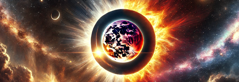 a solar eclipse with bright flares behind a mauve colored planet earth