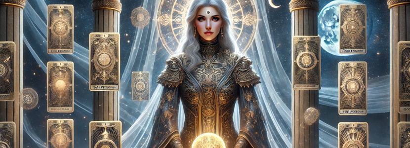 Realistic digital artwork of The High Priestess Tarot card. A serene woman sits between two stone pillars, with a crescent moon at her feet. Floating tarot cards, including The Moon and The High Priestess, appear in the cosmic-themed background with deep blues, silvers, and golden hues.