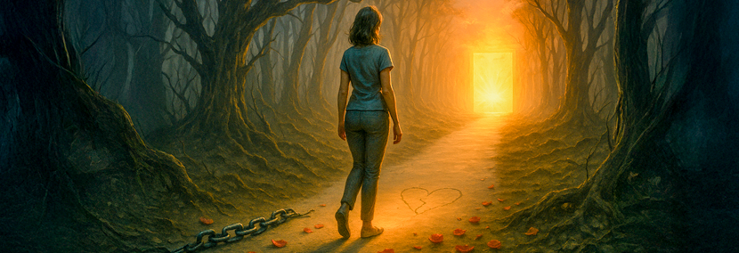 A woman walks away from a broken chain on a shadowy forest path toward a glowing doorway, symbolising freedom, healing, and breaking free from a toxic relationship. Rose petals and a heart etched in the path add emotional symbolism.