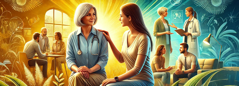 A photorealistic banner showcasing career paths for Life Path Number 2. The main scenes feature a mature female counselor attentively listening to a client and a confident female team leader fostering collaboration. In the background, a social worker engages with a group, and a healthcare professional assists patients. The image has bright, vibrant colors, creating a warm and uplifting atmosphere.