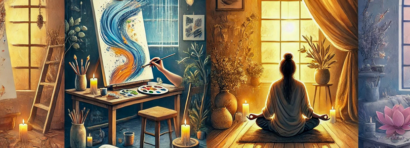 A digital illustration split into two sections, depicting how art and mindfulness aid the grieving process. On the left, a person paints an abstract piece at a well-lit table, surrounded by art supplies, symbolizing emotional expression through creativity. On the right, another person meditates on a cushion in a tranquil space with candles and a journal, representing mindfulness and inner healing. The scene features soft, calming colors, evoking peace and renewal.