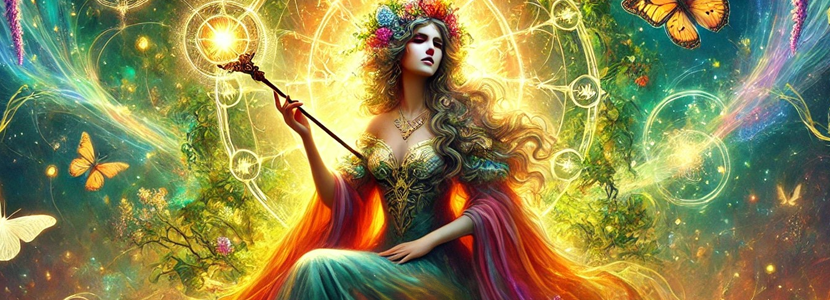 A mystical digital artwork of The Empress tarot card, depicting a regal, nurturing figure seated in a lush, abundant landscape. She holds a golden sceptre, radiating artistic energy and creation. Surrounded by blooming flowers, flowing water, and butterflies, the image exudes warmth, inspiration, and the power of bringing ideas to life. Ethereal light enhances the scene, symbolizing harmony, beauty, and creative self-expression.
