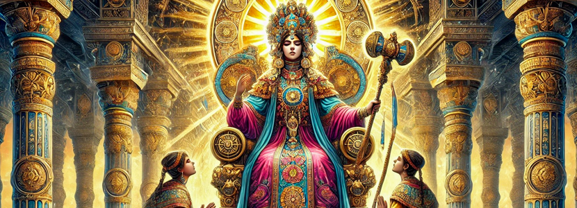 A vibrant and mystical illustration of The Hierophant tarot card reimagined as a wise and powerful woman. She is seated on a grand throne, wearing ornate, traditional robes in bright colors and a three-tiered crown. She holds a sacred staff in one hand and gives a blessing with the other. Two acolytes kneel before her, symbolizing teaching and guidance. The background features intricate temple architecture with sacred symbols, illuminated by golden light, emphasizing wisdom, tradition, and spiritual connection. The number 5 is subtly woven into the design.