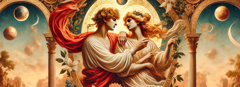 Renaissance-style digital painting of The Lovers tarot card featuring two elegantly posed figures in rich drapery, set against a classical landscape with warm golden tones and celestial elements.