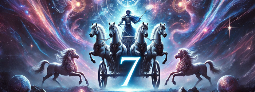 A mystical 16:9 banner featuring a glowing number 7 at the center, with The Chariot card depicted as a celestial figure riding a chariot pulled by two opposing sphinxes. The cosmic background in deep blues and purples symbolizes introspection, spiritual evolution, and determination